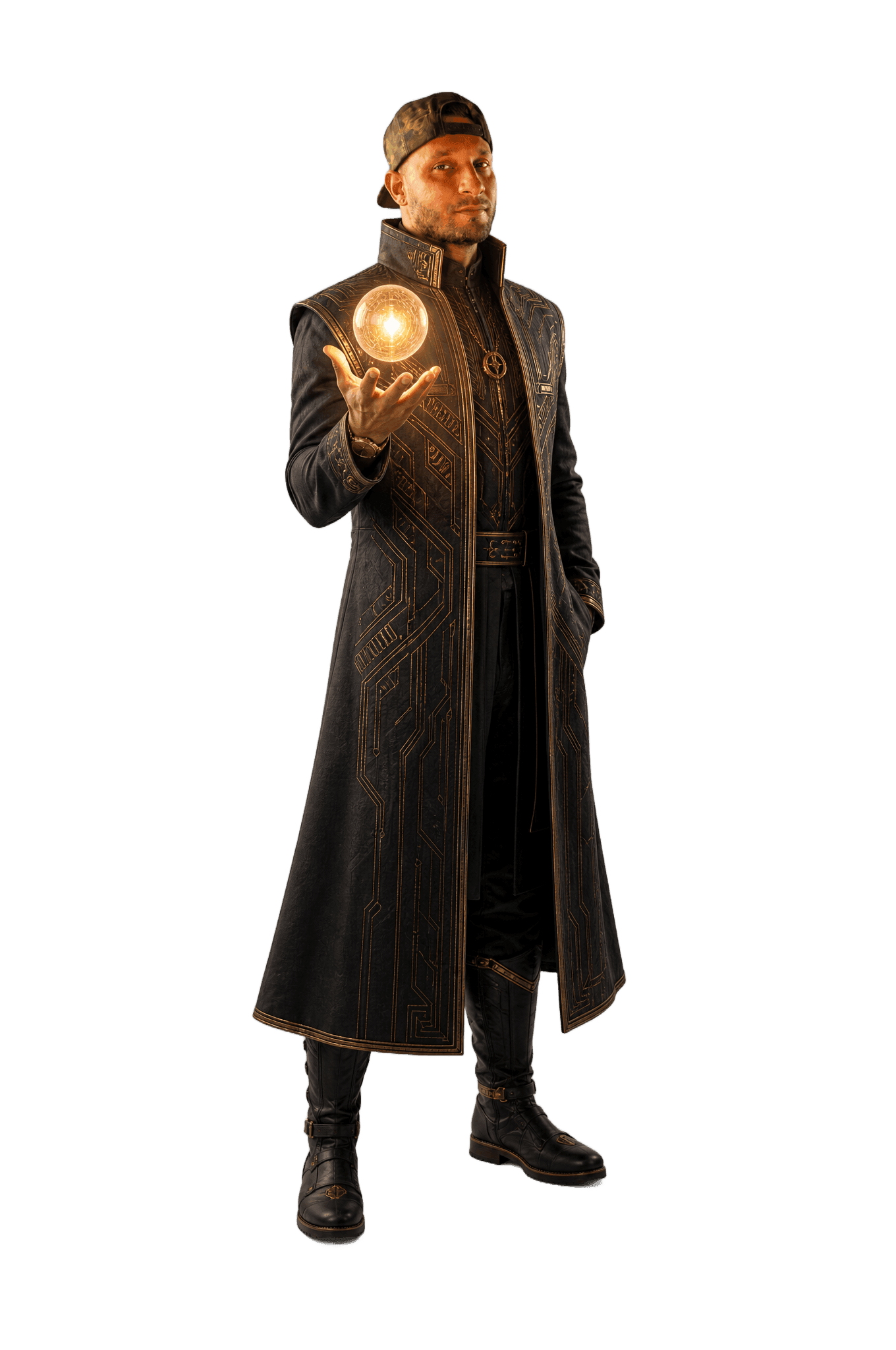 Vlasto as a space voyager captain in a long dark coat, holding a small sphere of golden light