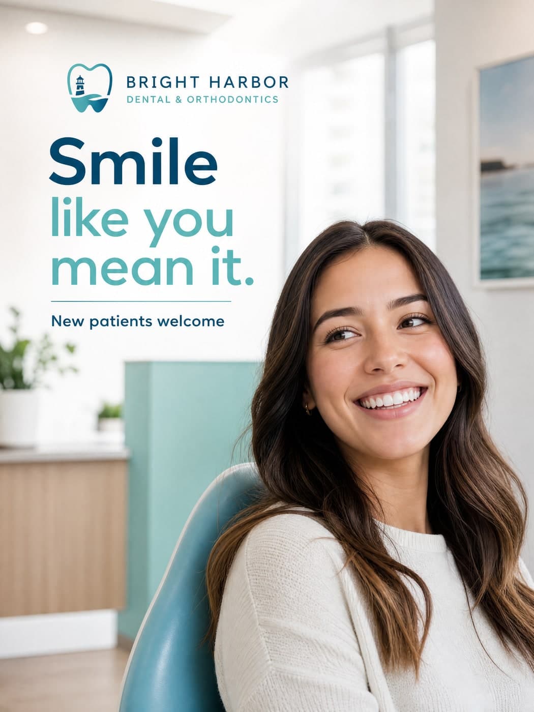 Bright dental brand visual, a smiling patient in an airy clinic