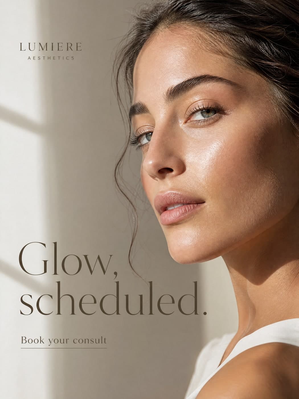 Elegant editorial visual for a med spa, soft portrait with serif type